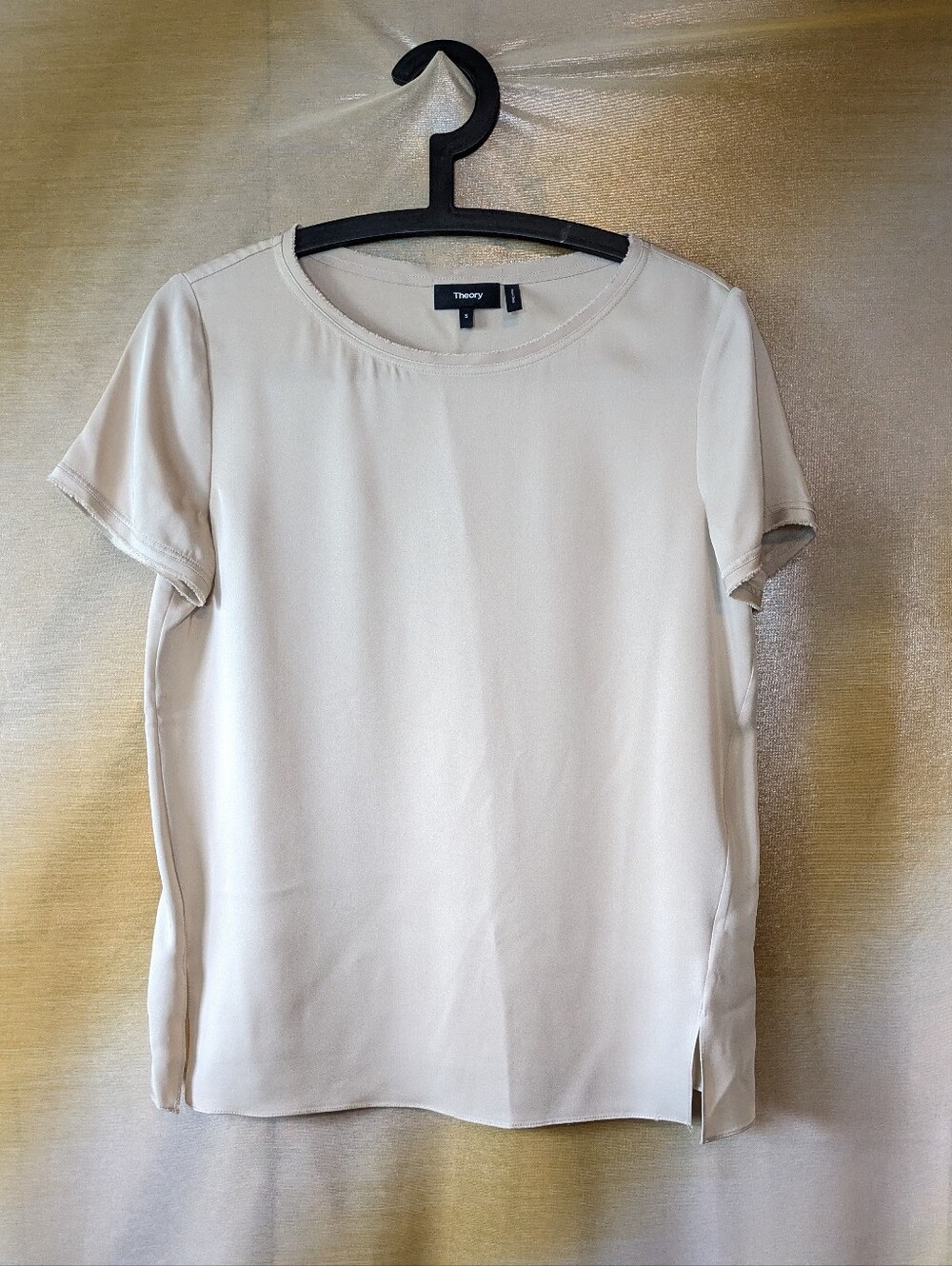 Theory Silk Blend Short Sleeve Blouse Ivory Cream Small